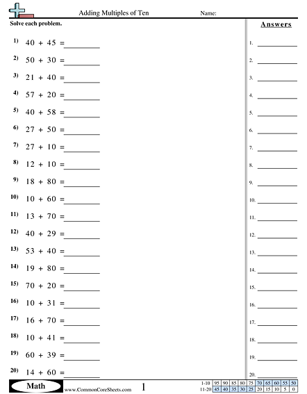 1.nbt.4 Worksheets - Adding Multiples of Ten (Horizontal) worksheet